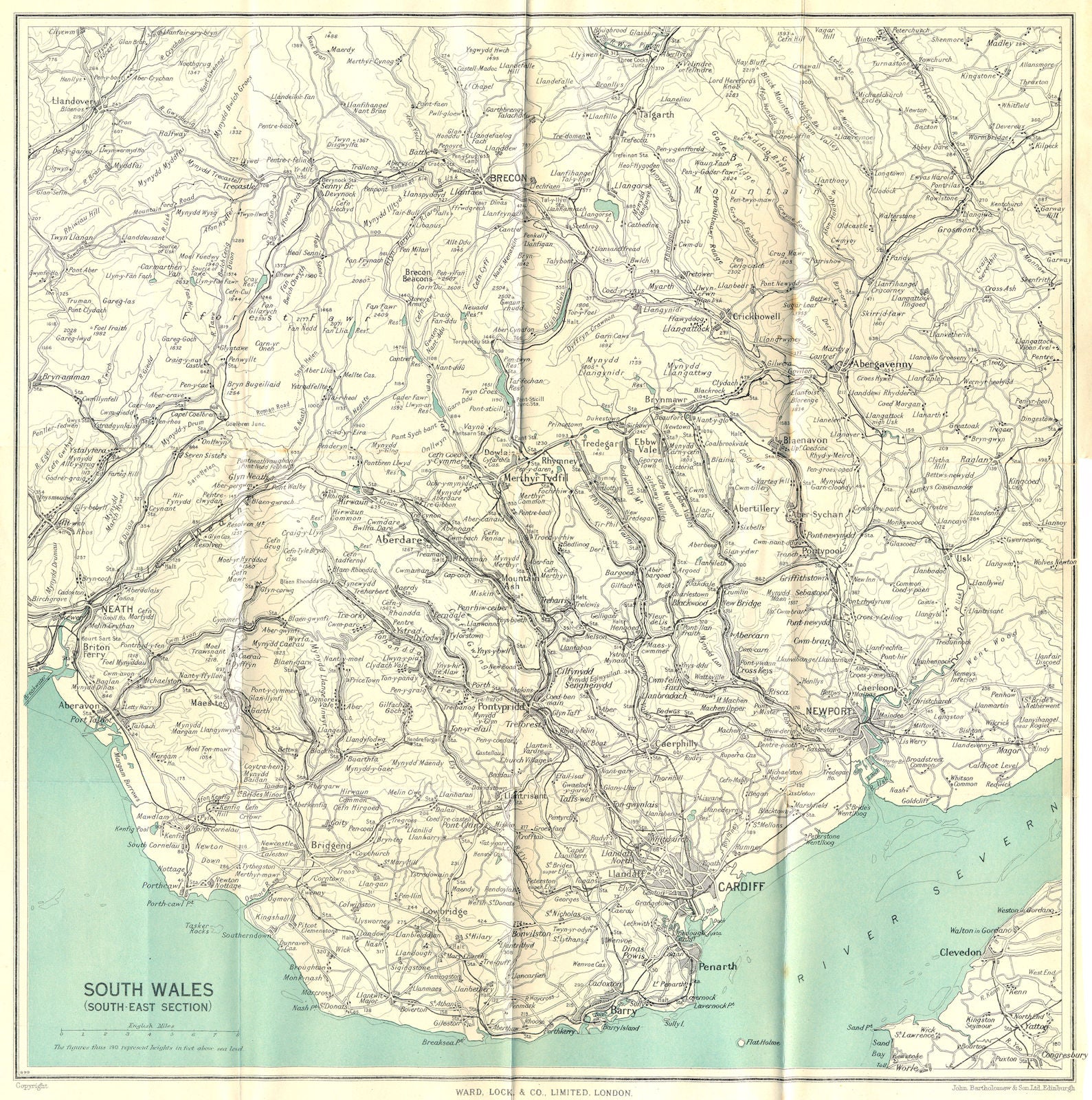 SOUTH WALES VALLEYS Cardiff Newport Neath Barry Bridgend Brecon Beacons 1950 map